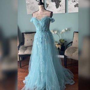 Sparkly blue prom dress a-line poofy ball gown
